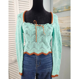 Urban Outfitters Crochet Sweater M Mint Green Boho Ribbon trim cottagecore